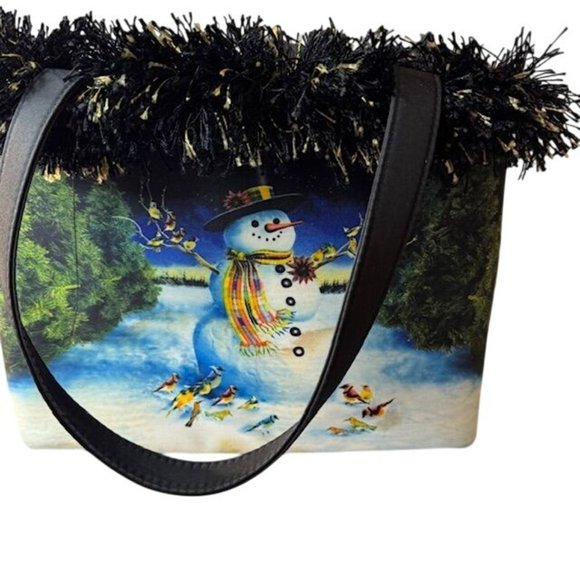 Festive Snowman Winter Handbag With Black Fringe & Dual Handles - Picture 8 of 10